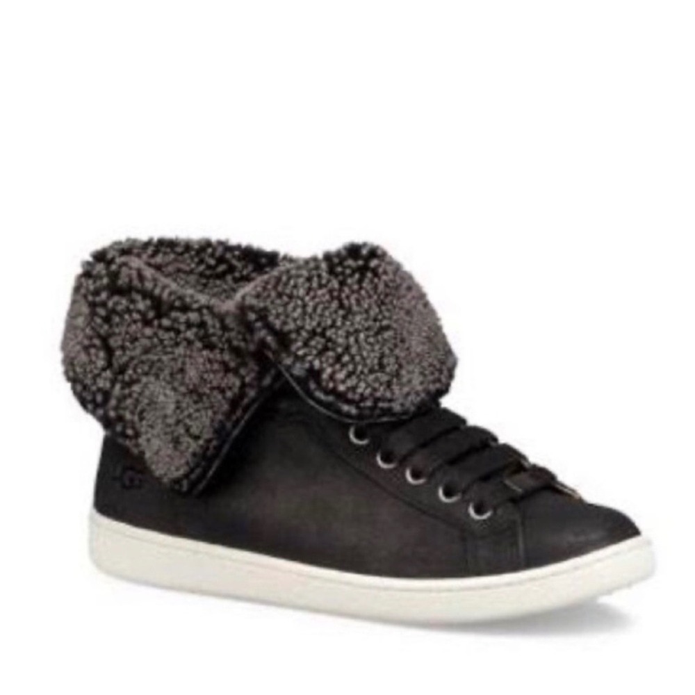 UGG Australia Olive Black Leather Shearling Fold‎ Over High Top Sneakers 1019702